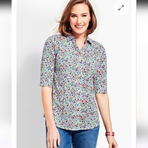 Talbots Floral Popover Tunic - White with Blue, Pink & Green Print